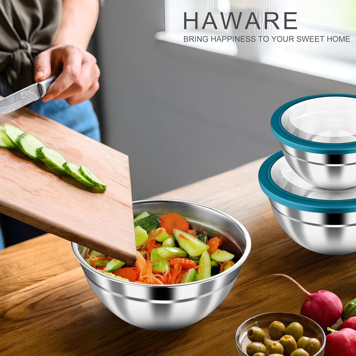 Mixing Bowls with Airtight Clear Lids, 6-Piece Nesting Bowls Set | Stainless Steel Salad Bowl for Cooking, Prepping, Baking, Serving & Food Storage, Size 4.6, 3, 1.5QT, Black