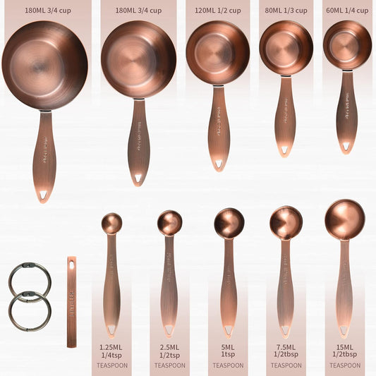 Copper measuring cups and spoons set,Includes Stainless Steel 5 Measuring Cups and 5 Measuring Spoons and Measure Ingredient Leveler and Rings(copper)