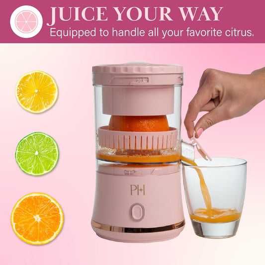 Paris Hilton Electric Citrus Juicer, Mini Portable Cordless Juicer with USB Rechargeable Base, One-Touch Button, Compact Lemon, Lime and Orange Juicer, Pink