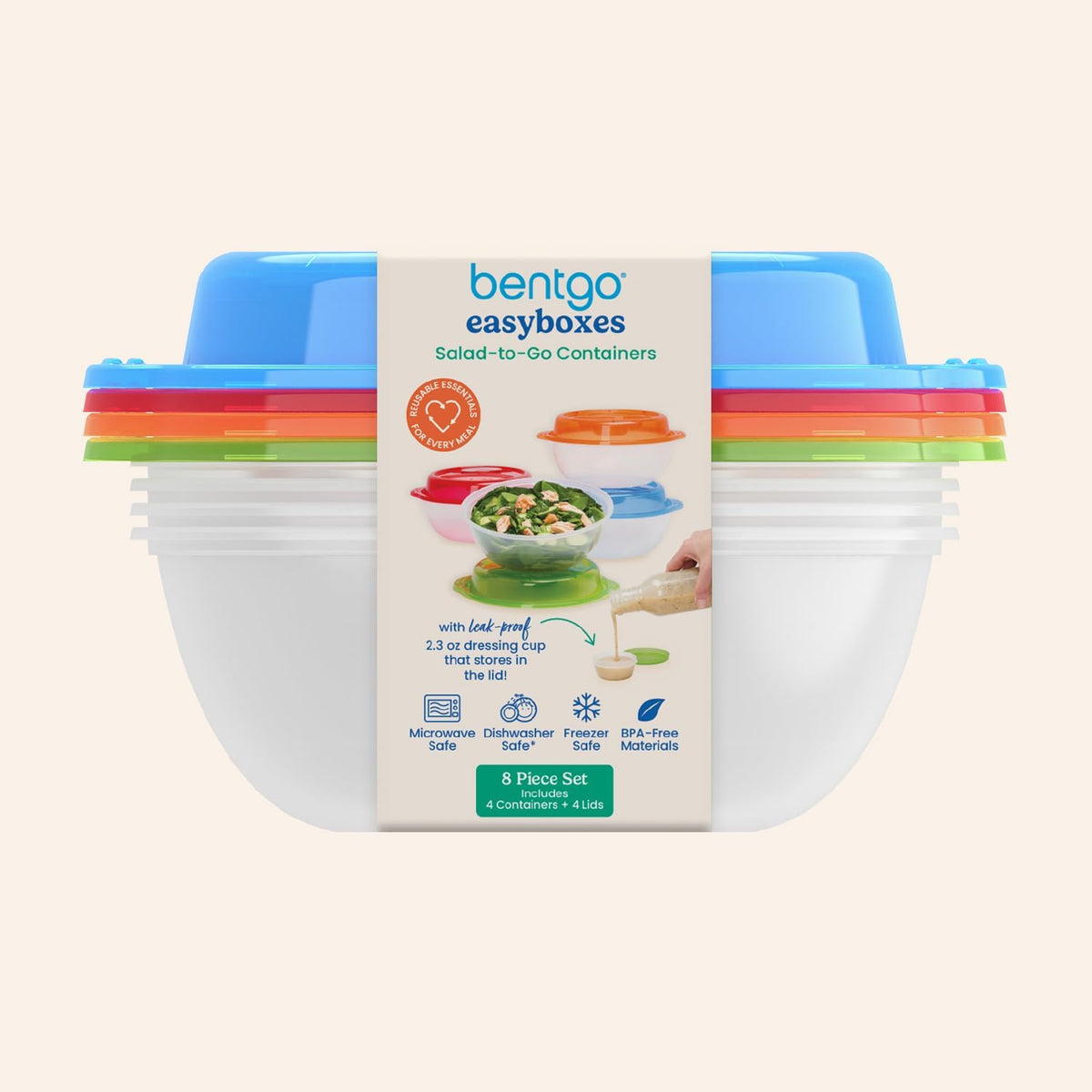 Easyboxes Salad-to-Go Containers - 8-Piece Set: 4 Bowls, Leak-Proof Dressing Cups Built-In & 4 Fitted Lids Seal in Freshness; Reusable/BPA-Free for Salad, Pasta, & Cereal (Classic)