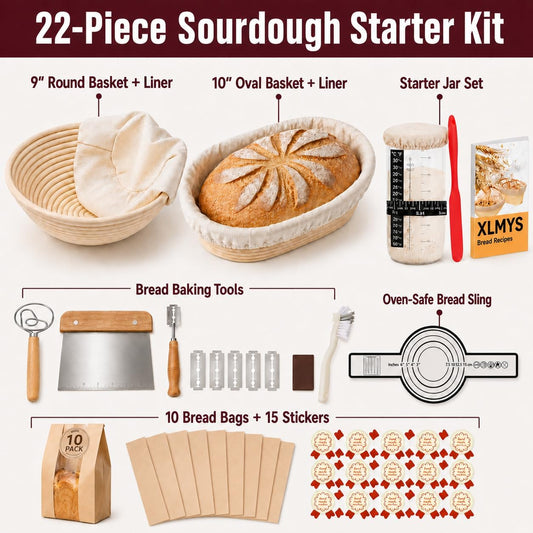 Sourdough Starter Kit - Banneton Proofing Basket 9 Inch Round & 10 Oval, Complete Sourdough Bread Baking Supplies with Starter Jar, Bread Sling, Lame, Danish Dough Whisk, Bags