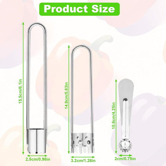 2pcs Fruit & Vegetable Corers & 1pcs Stem Remover, Stainless Steel Kitchen Tool Set Silver Fruit Vegetable Cores Tools Include Apple, Strawberry, Tomato, Bell Pepper for Home Restaurant Kitchen