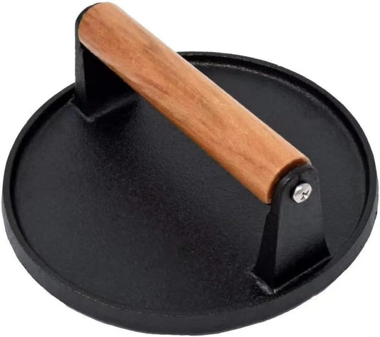 Kitchen Tools Heavy Duty Cast Iron Smash Burger Press Round Barbecue Meat Flat Press with Anti Scalding Wooden Handle with Handle for Griddle, Sandwich, Nonstick Pan
