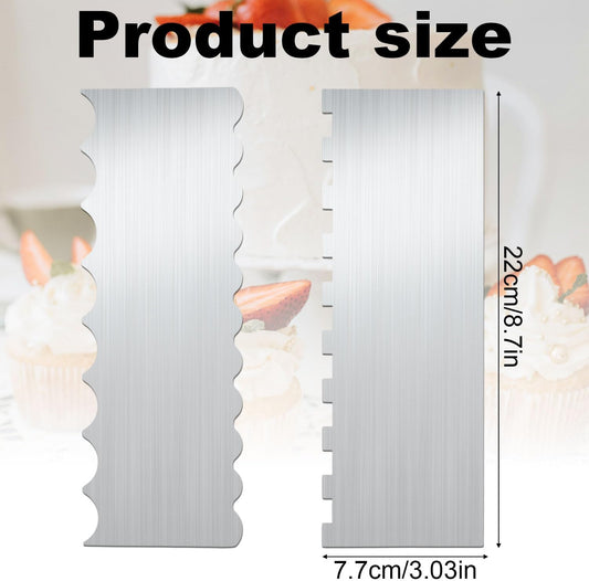 2pcs Stainless Steel Cake Bench Scraper Spatula Kit, 8.7in Stripe Edge Comb Smoother Decorating Metal Tools for Kitchen Baking Mousse Pastry DIY Icing Buttercream Frosting Leveler Supplies
