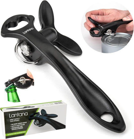 Can Opener (Smooth Edge/Safety), Handheld Manual, Bottle Cap Lifter | No sharp edges, smooth edge safety cutting, lid fits back onto can, easy grip handle, lightweight and easy to use
