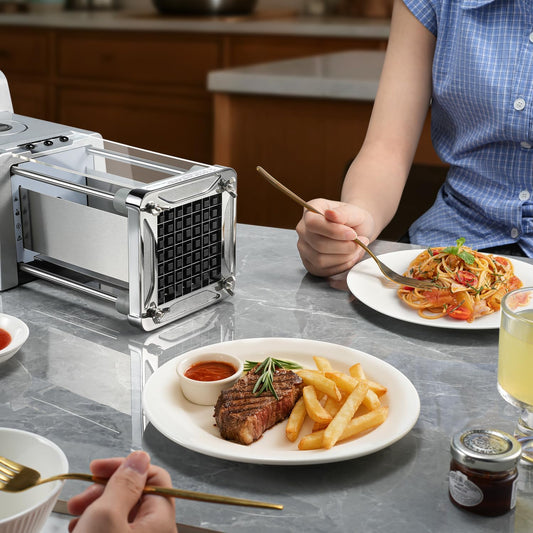 French Fry Cutter Electric Potato Cutter Stainless Steel with 1/2 & 3/8 Inch Blades for Potatoes, Carrots, Cucumbers & Onions
