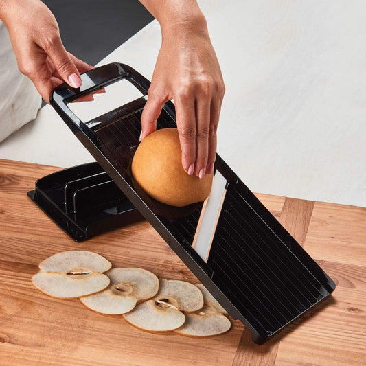 Wide Ceramic Mandoline Slicer – 4" Blade for Large Vegetables | Wide Adjustable Mandoline Slicer: 4-Inch Angled Ceramic Blade, 4 Thickness Settings, and Secure Safety Handguard