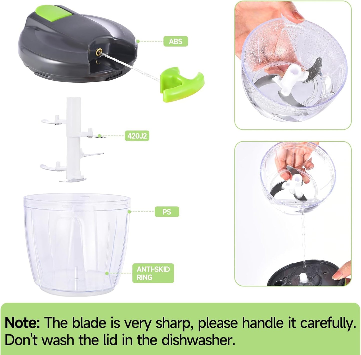 Manual Food Processor Vegetable Chopper, Portable Hand Pull String Garlic Mincer Onion Cutter for Veggies, Ginger, Fruits, Nuts, Herbs, etc., 500ml,(Gray-green)