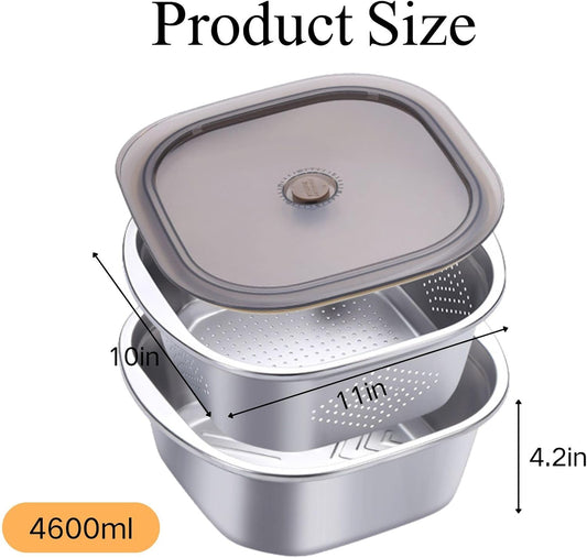 Stainless Steel Washing Up Bowl Set, Square Dish Tub with Colander&Lid, Multi-purpose Fruit Vegetable Washing Basin with Strainer for Sink, Kitchen Preparation, Wshing,Storage, 11in*4in