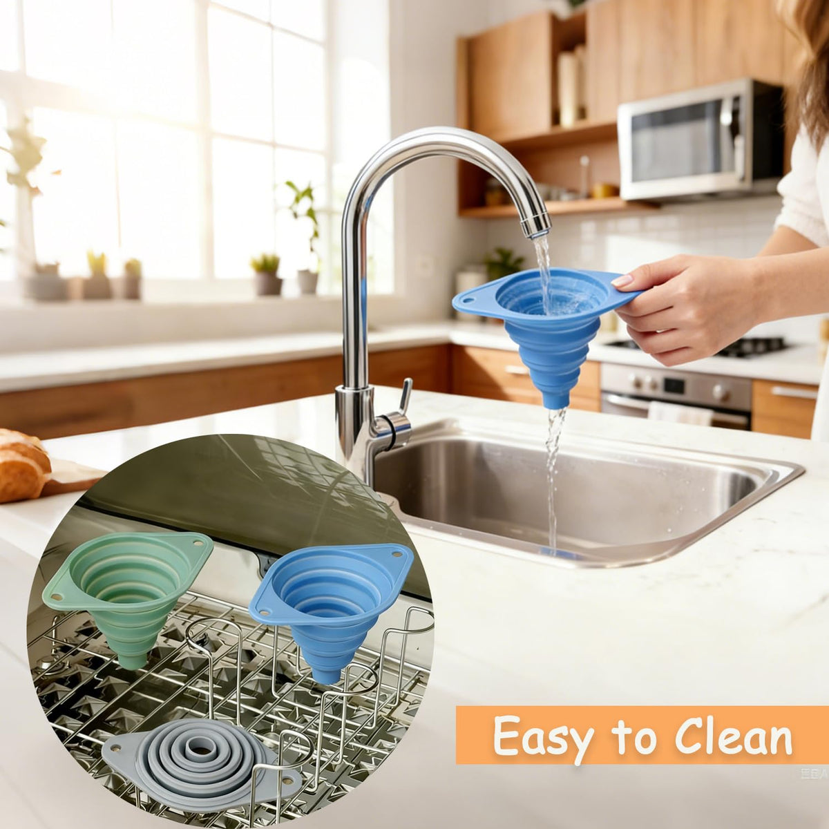 Kitchen Funnel Set 3 Pack, Collapsible Silicone Funnel for Kitchen Use, Small Funnels for Filling Bottle, Transfer Liquid, Oil and Powder, Food Grade Silicone Filter with a Brush