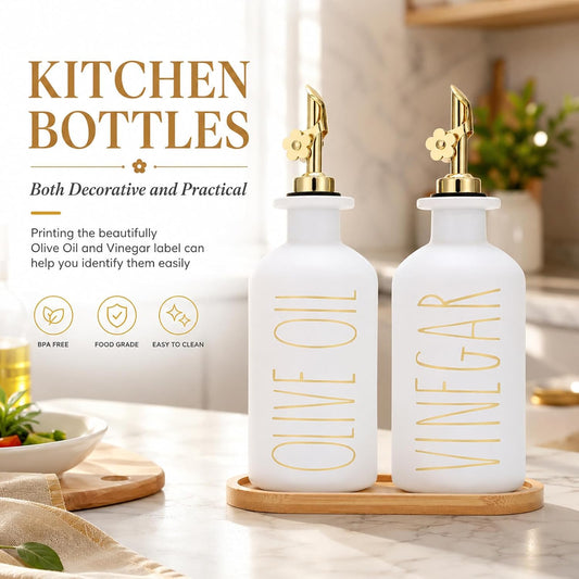 HOMCDALY Premium Olive Oil Dispenser for Kitchen, 11.8oz Glass Oil Bottles with Bamboo Tray, White and Gold Oil&Vinegar Cruet Set, Kitchen Dispenser Bottles with Pourer| Set of 2 (11.8oz –P–Gold)