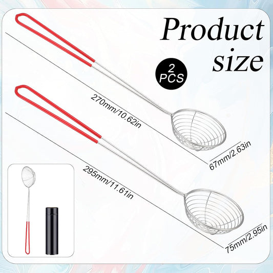 2Pcs Stainless Steel Hot Pot Strainer Spoons, 2 Sizes Fatsoff Soup Scoop Boba Spoon Scoop with Handle Ladle Wire Cooking Spider Skimmer Spoon for Hot Pot, Kitchen, Meatball, Oil Filter