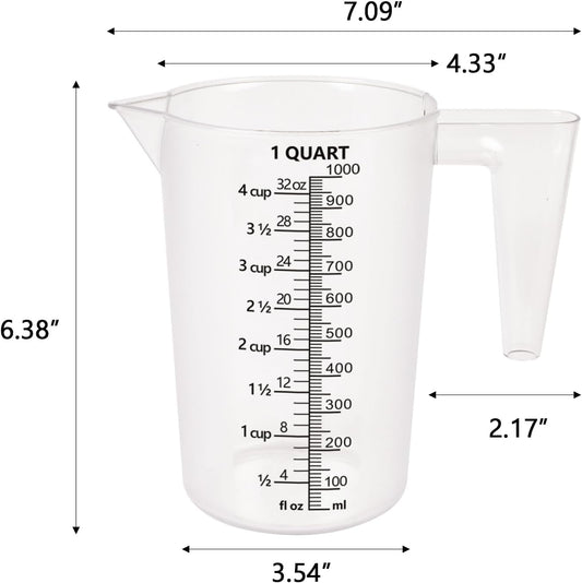 32oz Measuring Pitcher with Permanent Laser-Etched Markings | Food-contact grade PC, 4-cup capacity with handle for brewing, dilution, motor oil, pool & lawn chemicals and kitchen use.
