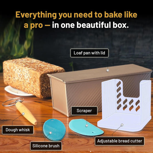 5-Pack Pullman loaf pan with Lid – Sourdough Loaf Pan Set, Includes Dough Scraper, Whisk, Silicone Cleaning Brush & Bread Cutter – Long Loaf Pan with Lid for Homemade Loaf