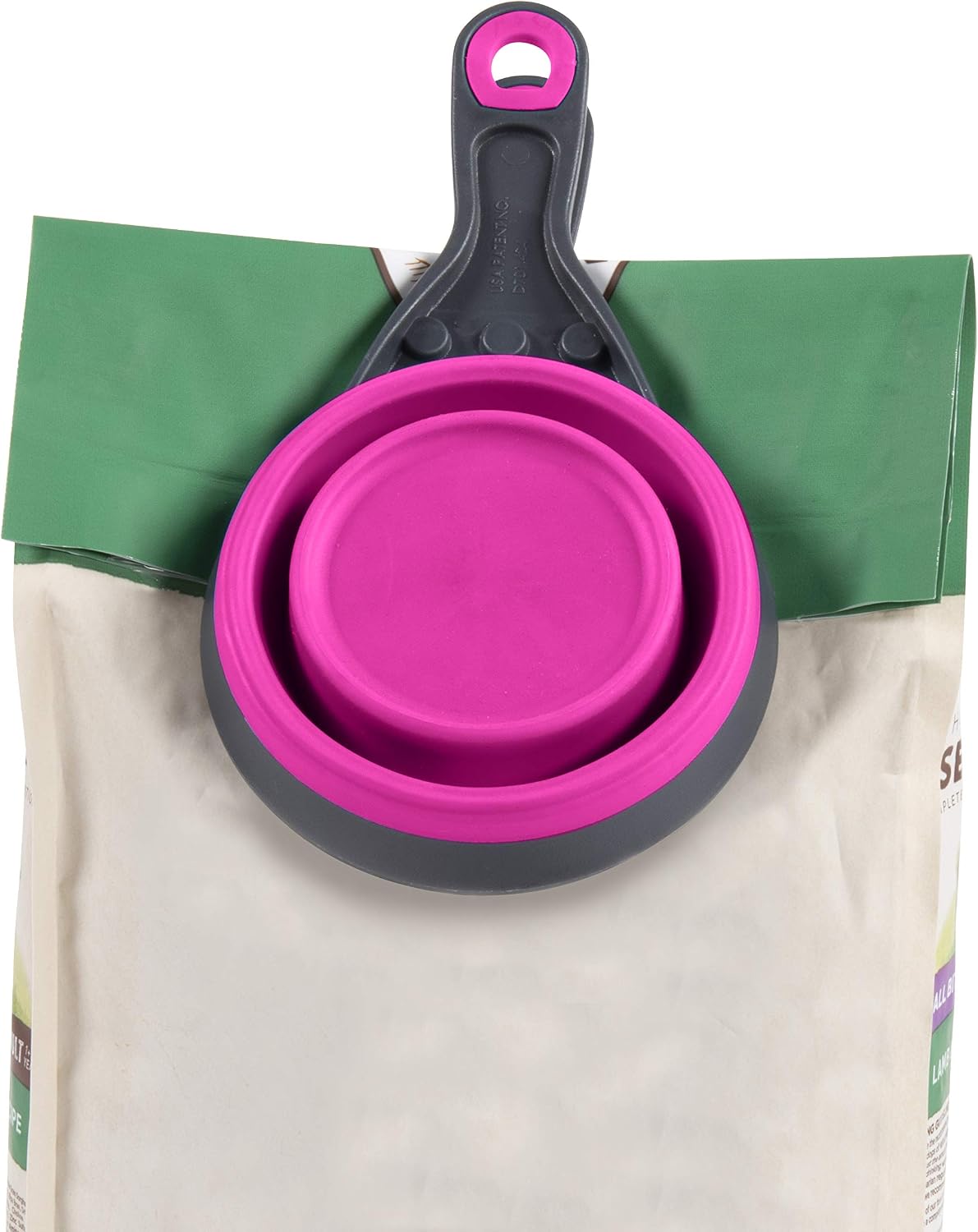 Popware for Pets Collapsible Klip Scoop, 3-in-1 Pet Food Scoop, Measuring Cup and Bag Clip, 1/2 Cup Capacity, Pink