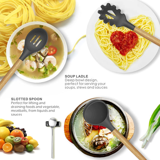 Silicone Cooking Utensils Kitchen Utensil Set - 446°F Heat Resistant Silicone Kitchen Utensils Set, Spatula,Turner Tongs, Spoon, Whisk,Kitchen Gadgets for Nonstick Cookware, BPA Free (Gray)
