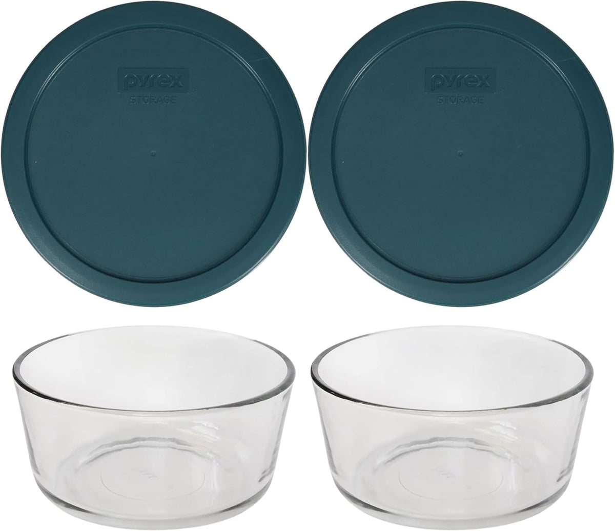 7203 7-Cup Glass Bowls and 7402-PC Blue Lids (2-Pack) - Made in USA