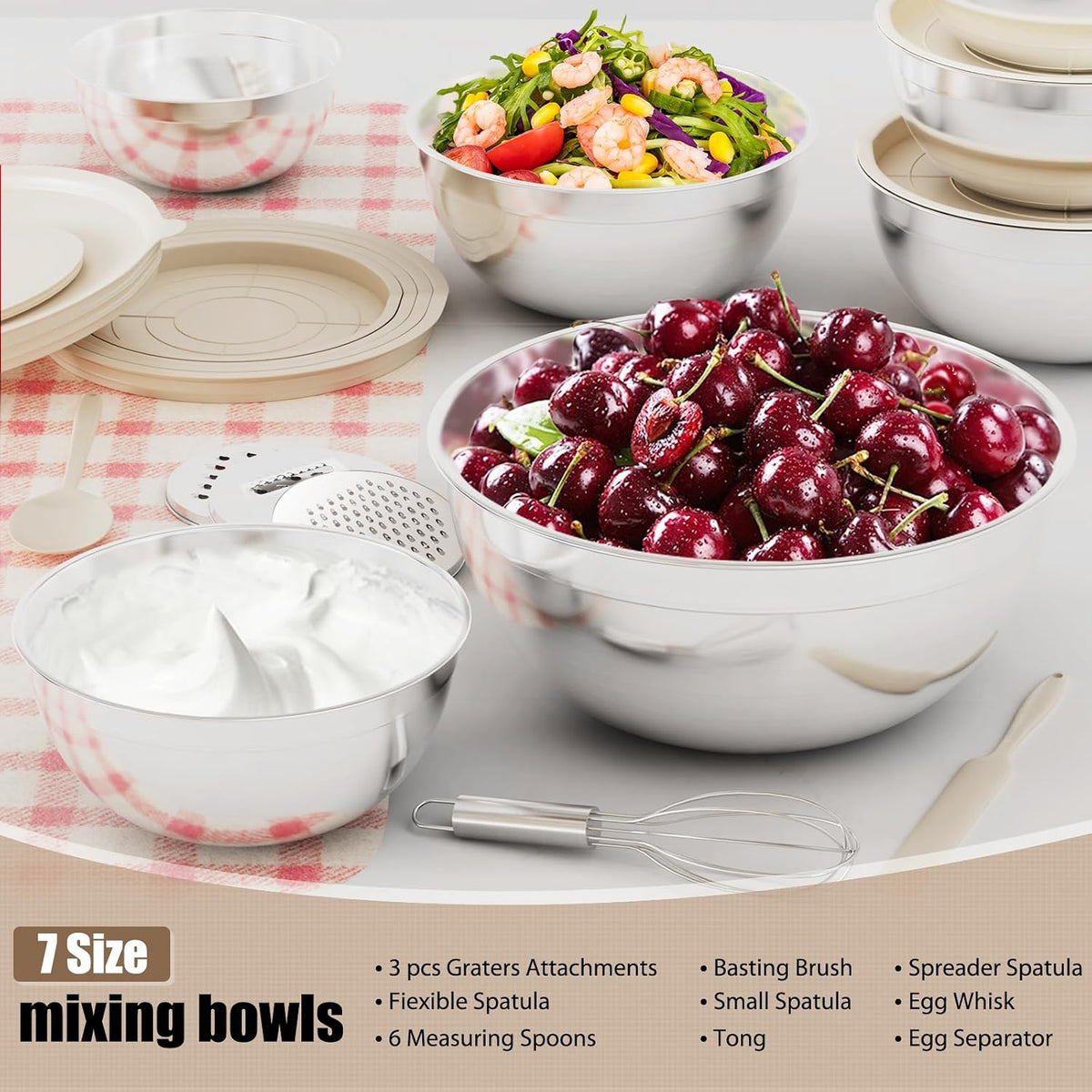 Stainless Steel Mixing Bowls Set with Lids & 3 Grater Attachments, Colorful