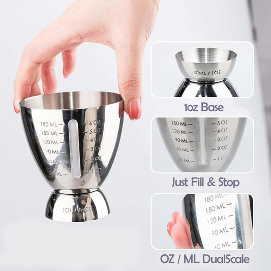 Stainless Steel Cocktail Jigger with OZ&ML Markings, 1–6oz | Heavy-duty bartending measuring cup, dual scale, cocktail mixing, coffee syrup, baking, precise liquid measuring