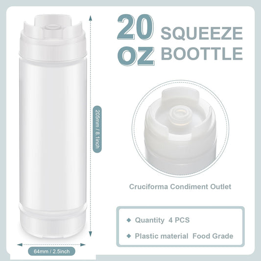 4 Pcs 20 oz Inverted Squeeze Bottles Condiment Squeeze Bottle Refillable Plastic Tip Large Valve Dispenser for Sauces Ketchup Sour Cream Self Sealing Syrup Dispenser for Restaurants(White)