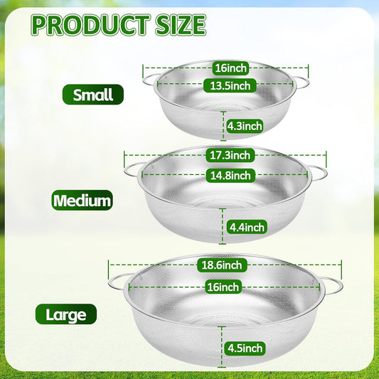 3 Pcs 10/12/16 Quart Stainless Steel Colander Set for Kitchen Micro Perforated Exlarge Metal Pasta Strainer with Handles Metal Mesh Strainer Net Basket Self Draining Solid Base for Pasta