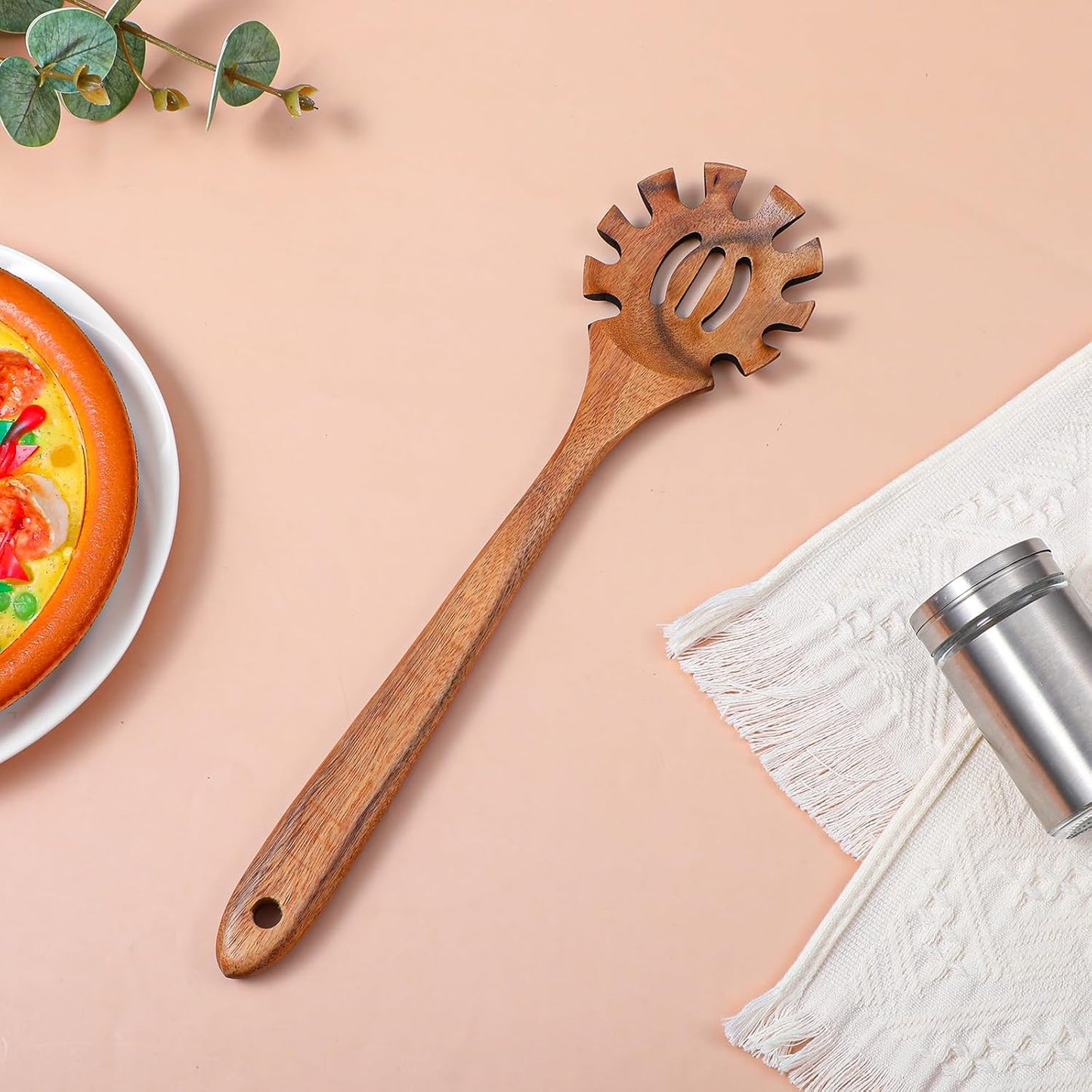 Spaghetti Spoon Wooden Pasta Spoon with Teeth Spaghetti Fork Tongs 12.5 Inch Teak Slotted Strainer Spoons for Cooking Serving Collecting, Wooden Fork Server Utensil with Claws, Wood Noodle Strainer