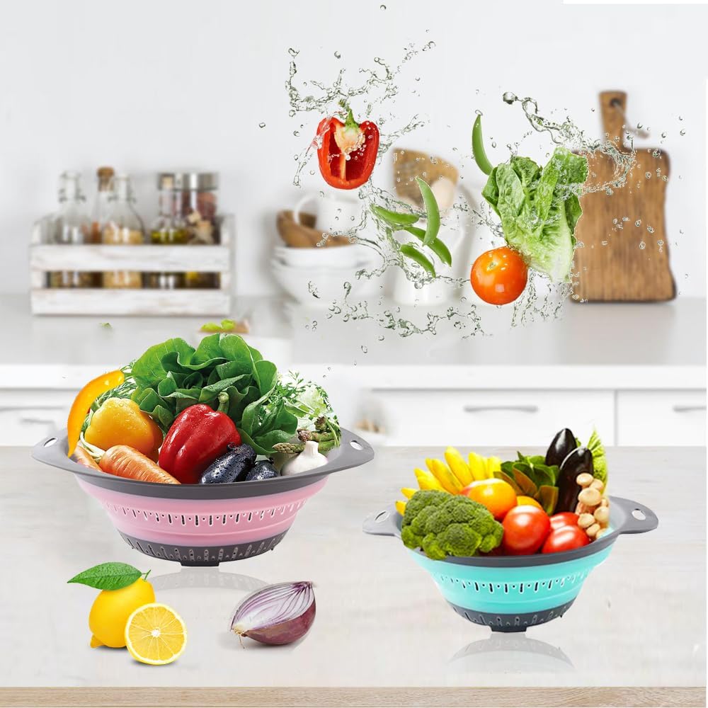 Collapsible Colander Set, Square Round Triangles Silicone Kitchen Strainer Perfect for Draining Pasta Vegetable fruit 2 PCS (10.8"L x 8.6"W x 2"H, Red & Green)
