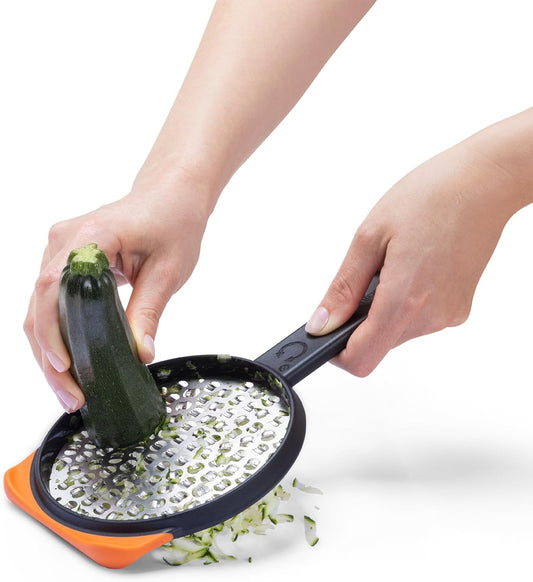 Ograte Double Sided Cheese Grater - 6mm Coarse Grating, Orange | Multi-directional handheld food and vegetable shredding plane with bowl hook and non-slip foot, flat for space-saving storage
