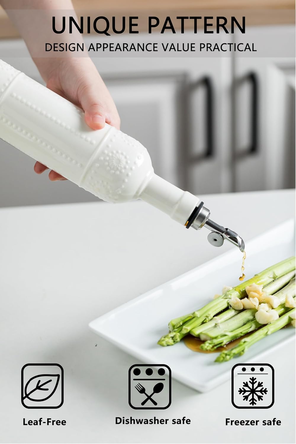 Olive Oil Dispenser Bottle, Oil Dispenser for Kitchen, Ceramic Cooking Vinegar Dispensing Bottles with Spout, White
