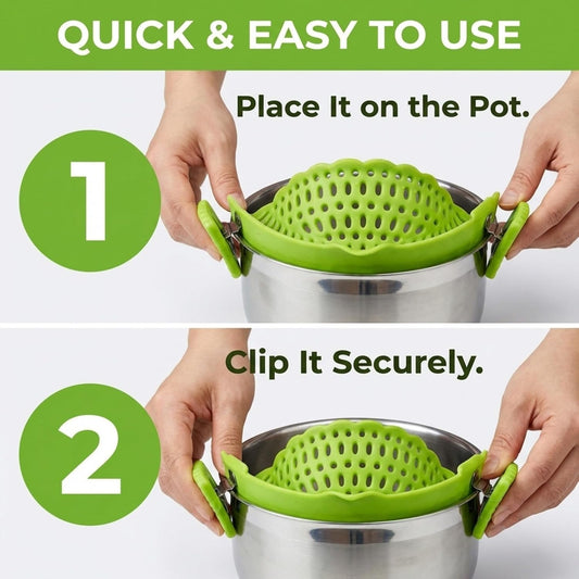 Performore Compact Universal Silicone Snap-On Pot Strainer | Heat-Resistant Clip-On Food Colander | BPA-Free Pasta, Vegetable & Soup Drainer | Dishwasher Safe Kitchen Tool