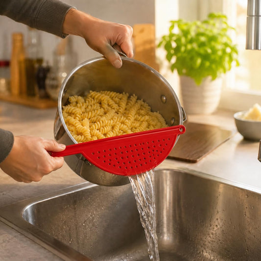 Handheld Plastic Pot Drainer, Noodle & Pasta Strainer with Handle - Fits up to 9" Pots - Red