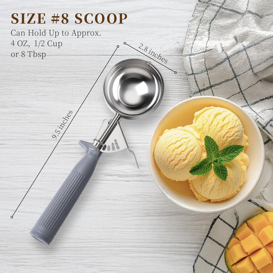 4 oz Scoop, Large Ice Cream Scoop with Trigger, #8 Disher, Muffin Scoop, Portion Scoop, Cookie Scoop for Baking, Grey Handle, for Making Ice Cream Cookie Muffin Cupcake Mashed Potato