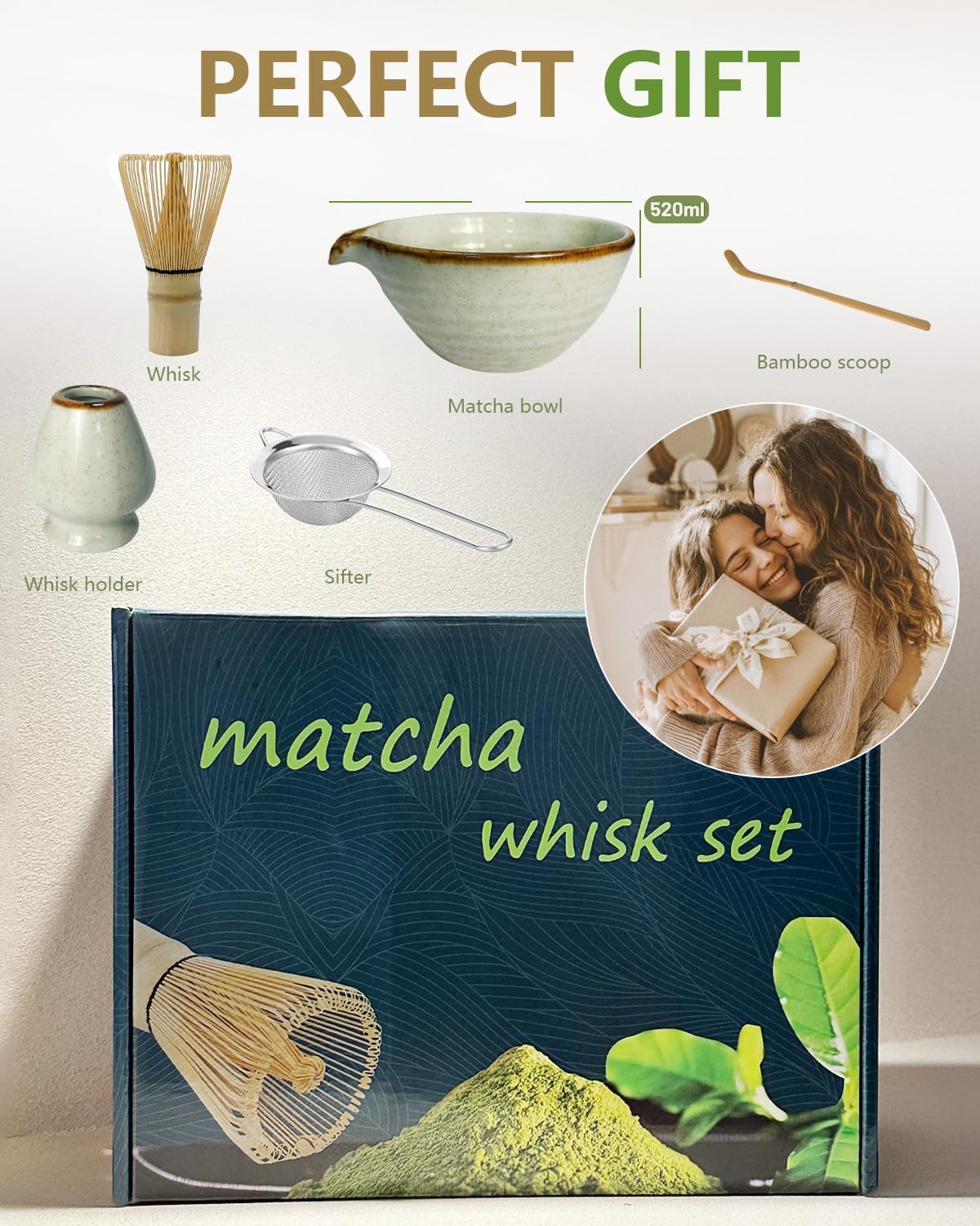 Matcha Whisk Set with Matcha Bowl, Matcha Bamboo Whisk, Scoop, Sifter, Matcha Whisk Holder Unique Gifts for Women Men Girl Friend Home Kitchen Decor Gifts for Christmas, Birthday,Halloween