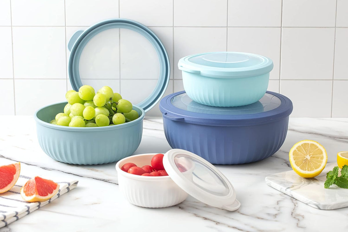 Prep Bowls with Lids- Wide and Deep Nesting Plastic Small Mixing Bowl Set with Lids, - Wide Bowls, Sage