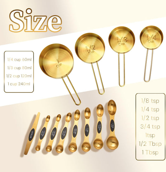 Gold Measuring Cups and Spoons Set of 12,8 Magnetic Measuring Spoons set with Leveler,4 Premium Stainless Steel Gold Measuring Cups,Measuring for Dry & Liquid Cooking Baking for Kitchen