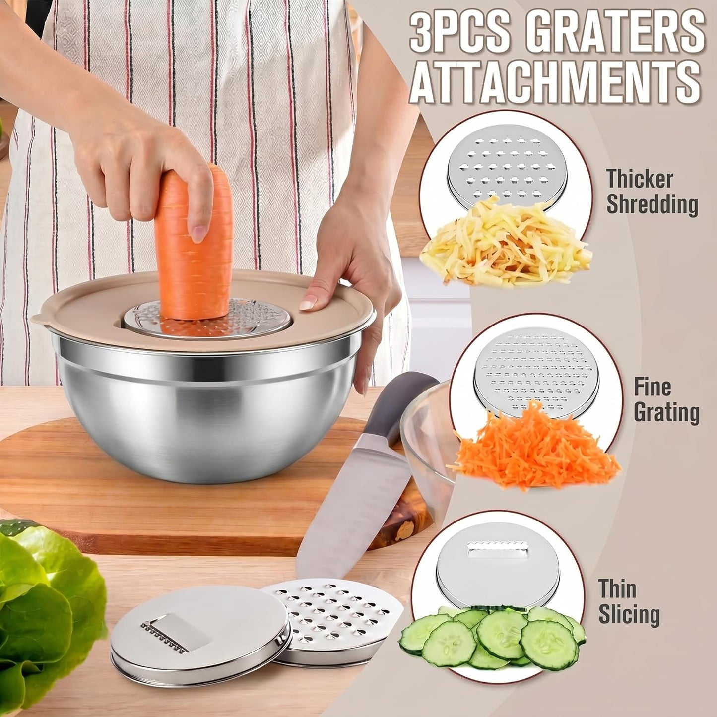 7QT 30PCS Mixing Bowls with Lids Set, 7QT to 1QT Stainless Steel Nesting Bowls with Graters, Non-Slip Silicone Bottom, Large Khaki Bowls & 21 Measuring Cups and Spoons Set Kitchen Appliances