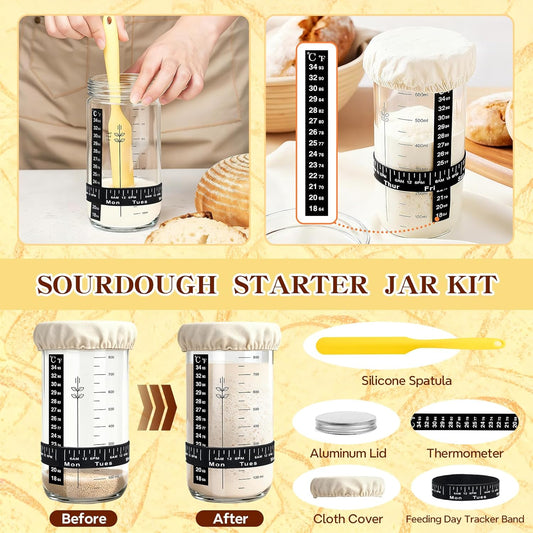 Sourdough Starter Kit, Sourdough Bread Baking Supplies, Round & Oval Banneton Bread Proofing Basket, Bread Sling, Starter Jar, Dough Whisk, Scrapers, Stencils & Bag, Complete Sourdough Kit Gifts