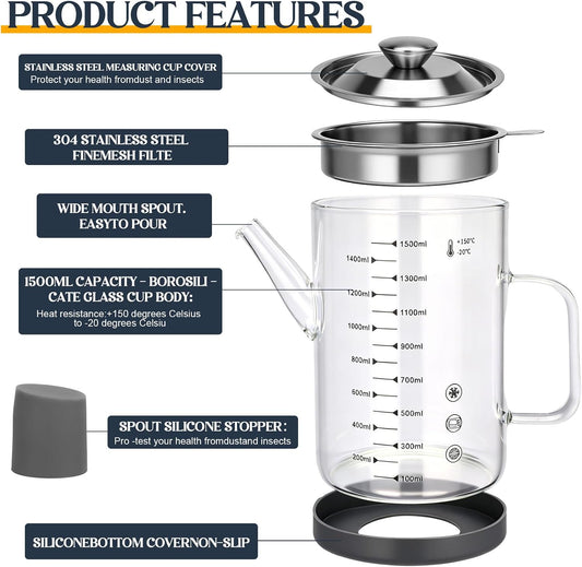 6.25 Cups / 1.5L Glass Fat Separator Bacon Oil Container with Strainer 50 oz Separator for Kitchen Cooking Grease Strainer Frying Oil Storage Can Transparent Silicone Bottom and Stopper