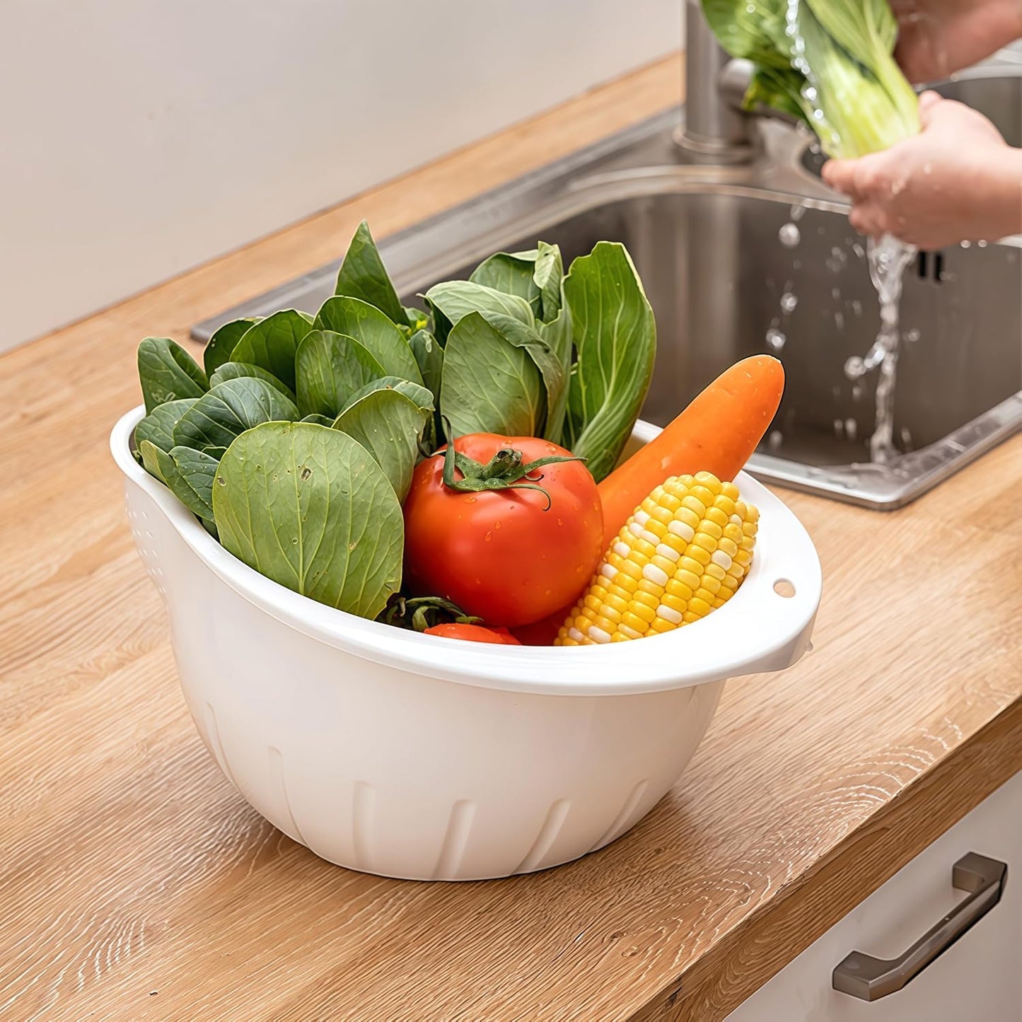 DOPMEP Rice Washer Strainer Bowl Stainless Steel Colander with Side Drainer | Ideal for Soaking, Washing, Cleaning, and Rinsing Rice, Fruits, Vegetables & Beans, Versatile Kitchen Tool