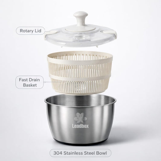 Stainless Steel Salad Spinner, 6L Heavy-Duty Lettuce Dryer with Smooth Spin Handle, Large Vegetable Washer & Fruit Rinse Bowl, Non-Slip Base