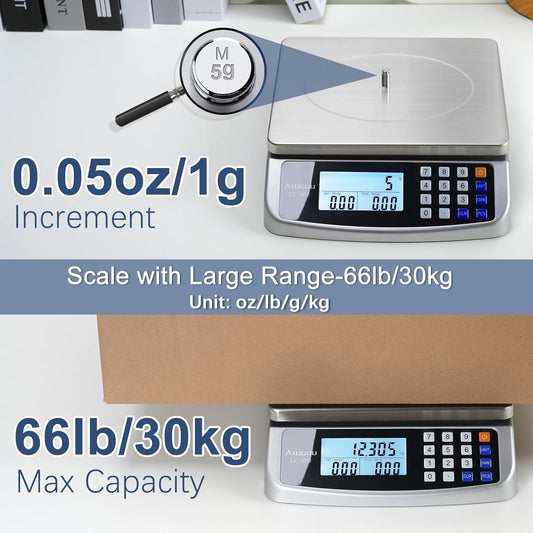 110lb Food Scale, Commercial Kitchen Scale with Price Computing | Plug-in Usable, 0.05oz/1g Increment, 304 Stainless Steel, for Cooking, Vegetables, Farm, Industry, Counting. LC300 Silver