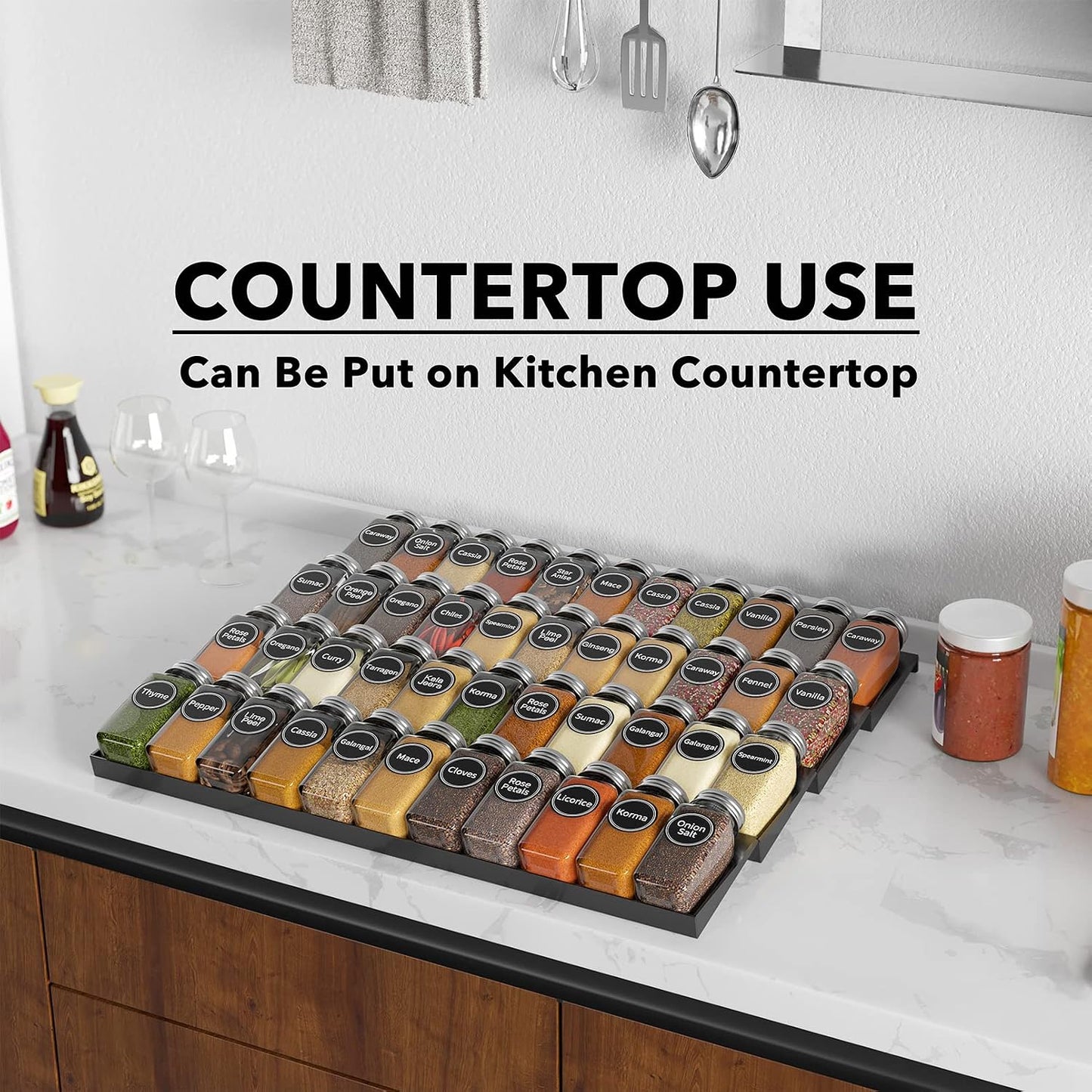 Spice Drawer Organizer with 28 Spice Jars, 386 Spice Labels, 4 Tier Seasoning Rack Tray Insert for Kitchen Drawers, 13" Wide x 17.5" Deep