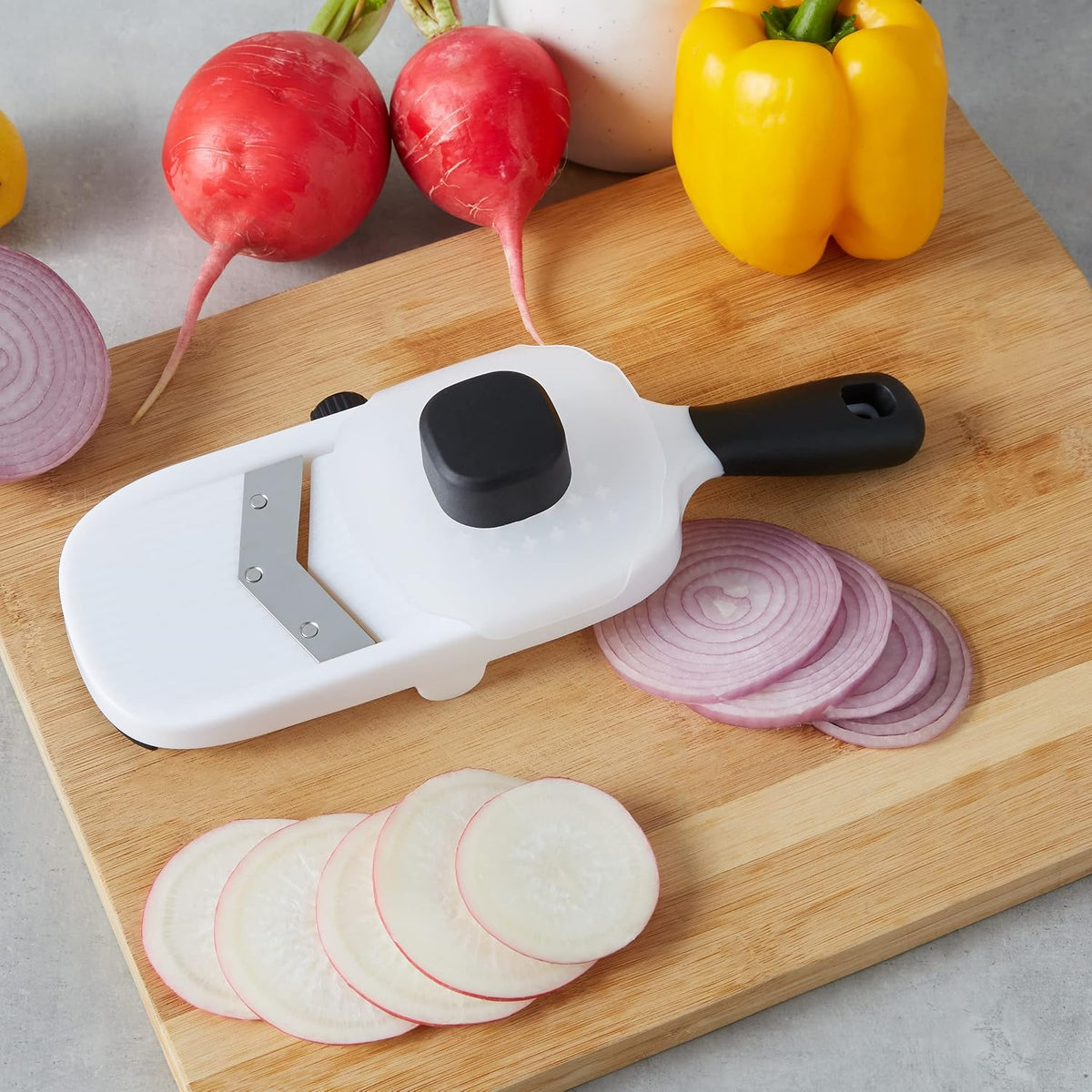 Hand-held Safe Mandoline Slicer for Vegetables and Fruits, Adjustable Thickness, Stainless Steel Blade, White, 11.3" x 4.5" x 2.5"