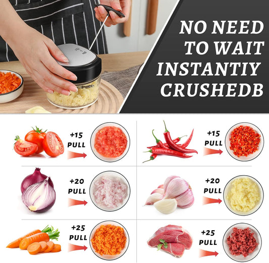 Manual Vegetable Chopper Hand Pull String Garlic Mincer Onion Cutter Manual Food Processor for Ginger, Chili, Fruit, Meat, Nuts Mini Portable Food Chopper 250ml