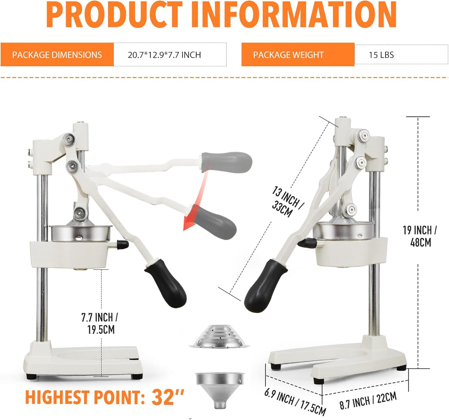 Commercial Heavy Duty Cast Iron Hand Press Manual Orange Citrus Lemon Lime Grapefruit Pomegranate Fruit Juice Squeezer Machine with Stainless Steel Cup
