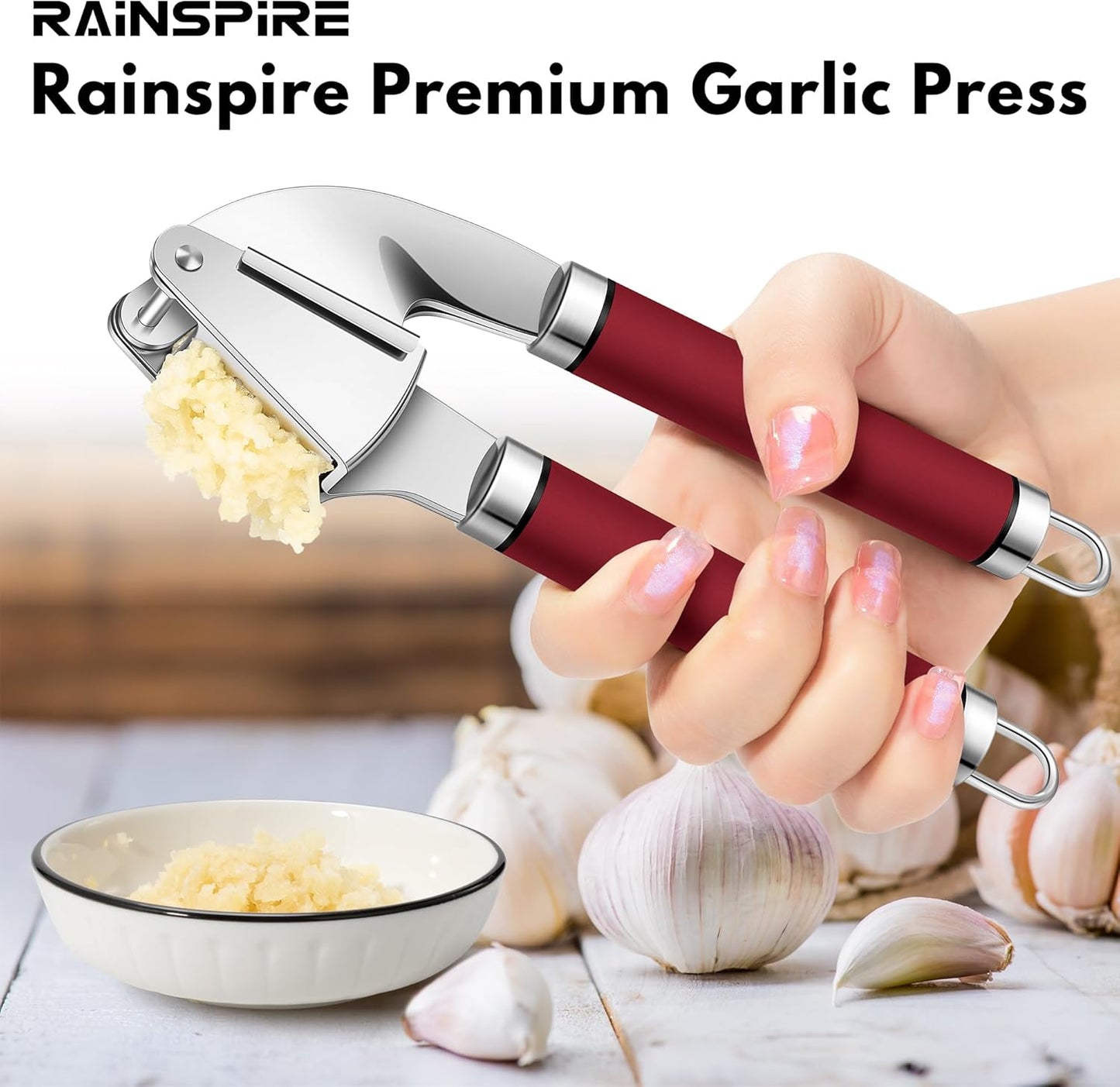 Premium Garlic Press Stainless Steel, Garlic Mincer Tool, Garlic Crusher Tool, Garlic Smasher Garlic Masher Includes Silicone Garlic Peeler & Cleaning Brush, Dishwasher Safe (Black)