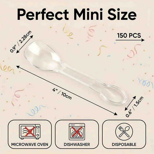 150 PCS 4" Mini Spoons for Desserts, Small Plastic Tasting Spoons | Clear Disposable Small Spoons for Desserts, Dessert Cups, Sampling, Parties, Weddings, Bakeries, Cafes, Catering and Events