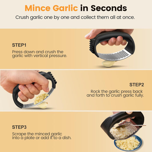 Garlic Press,Stainless Steel Garlic Mincer Crusher,Ergonomic Handle,Easy to Use,Easy to Clean,Effort-Saving Kitchen Gadgets-Black