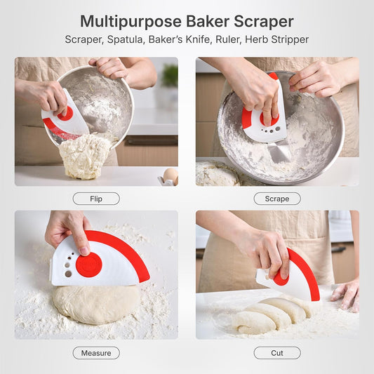 5-in-1 Dough Scraper & Flexible Bowl Scraper , Bread Scraper with Stainless Steel Edge, Ruler & Herb Stripper – BPA Free, Dishwasher Safe - Red
