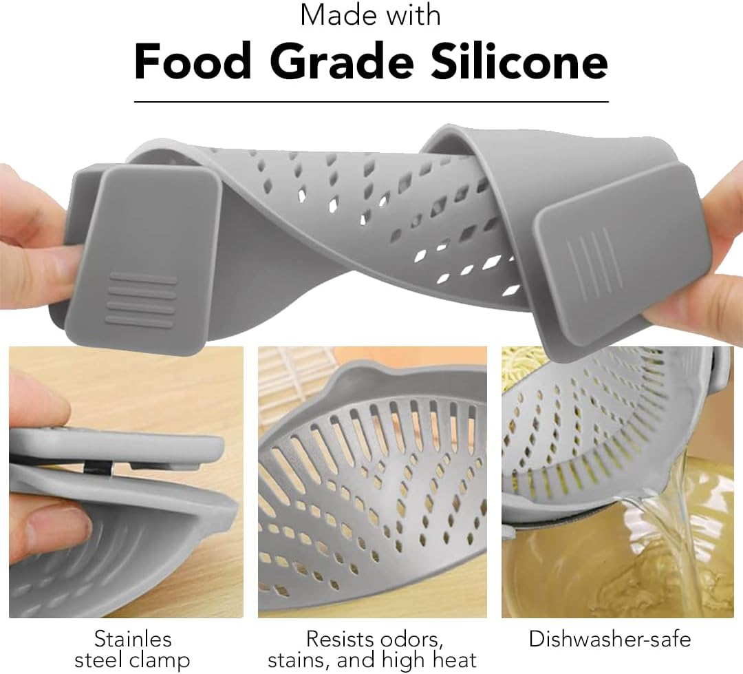 Clip‑On Pot Strainer Silicone Gray and Purple Dishwasher‑Safe Side‑Mount Design 9.4×4.6×2.5 Inches | Snap Drain Colander for Pans Bowls Skillets | Heat‑Resistant Kitchen Gadget Splash‑Guard